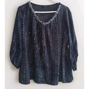 Sami & Jo Top Womens XL Black Silver Sequin Burnout Velvet Fairy Witchy Goth
